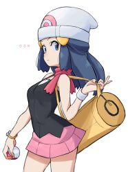  ... absurdres bag bare_shoulders beanie black_eyes black_hair bracelet closed_mouth dawn_(pokemon) female grimmelsdathird hat highres holding holding_poke_ball jewelry pink_skirt poke_ball pokemon pokemon_dppt red_scarf scarf shirt sidelocks simple_background skirt sleeveless sleeveless_shirt solo white_background white_beanie yellow_bag 