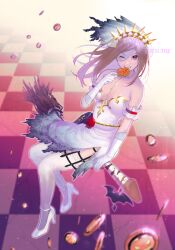  artist_name bare_shoulders blue_eyes broom broom_riding brown_hair castlevania:_grimoire_of_souls castlevania:_portrait_of_ruin castlevania_(series) charlotte_aulin checkered_floor cookie dress female flower food gloves hair_ornament halloween halloween_costume high_heels long_hair one_eye_closed potsupostu52 red_flower red_rose rose smirk thighhighs veil white_dress white_footwear white_gloves white_thighhighs 