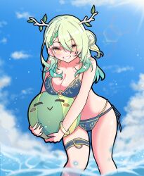  =_= absurdres ball beachball belt bikini blue_bikini blue_sky bracelet branch breasts ceres_fauna cleavage cloud cowboy_shot female flower green_hair hair_flower hair_ornament highres holding holding_ball holding_beachball hololive hololive_english horns jewelry large_breasts leaf light_rays looking_at_viewer o-ring o-ring_bikini sapling_(ceres_fauna) shutowl side-tie_bikini_bottom sky smile sunbeam sunlight swimsuit teeth thigh_belt thigh_strap virtual_youtuber water water_drop white_flower yellow_eyes 