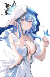  aimu_(angry9565) bare_shoulders blue_butterfly blue_hair blue_nails blue_veil blush breasts bug butterfly butterfly_on_hand cleavage closed_mouth collarbone colored_eyelashes commentary_request dress female hair_between_eyes hand_up highres large_breasts light_smile looking_at_viewer medium_hair nail_polish partial_commentary purple_eyes see-through see-through_dress signature simple_background solo tacet_mark_(wuthering_waves) the_shorekeeper_(wuthering_waves) two-tone_veil upper_body white_background white_dress white_veil wuthering_waves 