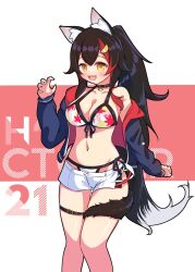  animal_ear_fluff animal_ears bare_shoulders belt bikini bikini_under_clothes black_choker black_hair black_jacket blush breasts choker claw_pose cleavage collarbone cowboy_shot female front-tie_bikini_top front-tie_top hair_flaps hair_ornament highres hololive jacket large_breasts leaf_print long_hair looking_at_viewer maple_leaf_print multicolored_hair navel official_alternate_costume ookami_mio open_mouth ponytail red_background red_hair short_shorts shorts shutowl side-tie_bikini_bottom streaked_hair swimsuit tail tail_around_own_leg text_background thigh_belt thigh_strap very_long_hair virtual_youtuber white_background white_bikini white_hair white_shorts wolf_ears wolf_girl wolf_tail yellow_eyes 