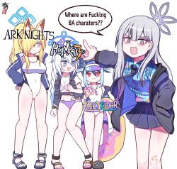  4girls animal_ears arknights black_necktie blonde_hair blue_archive blue_eyes blue_hair breasts character_request cleavage commentary_request copyright_name covered_navel english_text grey_eyes grey_hair halo highres honkai_(series) honkai_impact_3rd kanna_(blue_archive) kanna_(swimsuit)_(blue_archive) kartrider kirino_(blue_archive) kirino_(swimsuit)_(blue_archive) korean_commentary long_sleeves multiple_girls navel necktie pointing pointing_at_another profanity red_eyes sandals see-through see-through_cleavage shasa2456 speech_bubble swimsuit twintails white_hair 