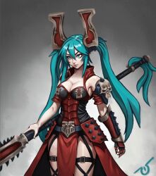  alternate_breast_size armor armored_dress breasts cleavage commentary cosplay cowboy_shot female gauntlets hair_ornament hatsune_miku highres holding holding_weapon kharn_the_betrayer kharn_the_betrayer_(cosplay) large_breasts long_hair pelvic_curtain signature single_gauntlet skull solo stellarlupus thigh_strap twintails vocaloid warhammer_40k weapon 