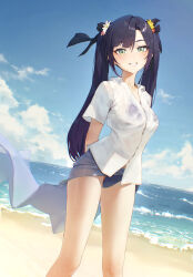  absurdres alaskastomatoez alternate_costume beach bikini black_hair blue_bikini blue_sarong blue_sky breasts clenched_teeth female genshin_impact green_eyes highres looking_at_viewer medium_breasts mona_(genshin_impact) ocean sarong shirt sky solo swimsuit teeth twintails wet wet_clothes wet_shirt white_shirt 