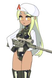  alpha_transparency asymmetrical_breasts beret breasts checkered_background chikuwa_fan973 cowboy_shot dark-skinned_female dark_skin detached_sleeves female finger_on_trigger green_hair green_leotard green_theme gun hair_ornament hairclip hat highleg highleg_leotard holding holding_gun holding_weapon leotard medium_breasts original rifle sleeveless_turtleneck_leotard sleeves_past_wrists sniper_rifle solo thick_eyebrows weapon white_hat yellow_eyes 