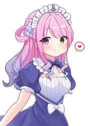  alternate_costume anchor_print anchor_symbol blue_bow blue_dress blush bow breasts candy_hair_ornament cleavage closed_mouth commentary_request cosplay dress female food-themed_hair_ornament gradient_hair green_eyes hair_ornament heart heterochromia highres himemori_luna hololive long_hair looking_at_viewer maid maid_headdress minato_aqua minato_aqua_(1st_costume) minato_aqua_(cosplay) mochiko_(yawamochi851) multicolored_hair pink_hair purple_eyes short_sleeves simple_background single_hair_ring smile spoken_heart two-tone_hair upper_body virtual_youtuber white_background white_bow 