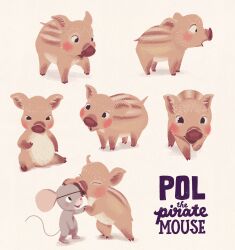  2018 blush brown_body concept_art denise_van_leeuwen duo english_text feral grey_body hug mammal mouse murid murine official_art pol_the_pirate_mouse rodent simple_background sitting suid suina sus_(pig) text wild_boar 