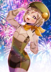  :d aerial_fireworks arm_up beret bokujou_monogatari brown_eyes brown_hair brown_shirt collarbone collared_shirt commentary_request commission cowboy_shot dress_shirt female fireworks green_hat green_shorts hat kou_hiyoyo long_sleeves looking_at_viewer menou_(bokujou_monogatari) night night_sky puffy_long_sleeves puffy_sleeves shirt shorts skeb_commission sky smile solo star_(sky) starry_sky suspender_shorts suspenders 