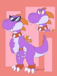  2019 ambiguous_gender anthro claws collar digital_drawing_(artwork) digital_media_(artwork) eyewear fangs finger_claws flat_colors head_spikes jaspering mario_bros model_sheet nintendo orange_eyes orange_spikes pink_background purple_body purple_scales red_collar red_wristband scales semi-anthro shell signature simple_background snout solo spiked_collar spiked_shell spiked_tail spiked_wristband spikes spikes_(anatomy) standing sunglasses tail teeth toe_claws white_claws yoshi 