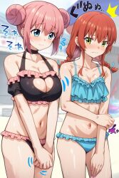  2girls bikini black_bikini blue_bikini blush bocchi_the_rock! braid breast_cutout breast_envy breasts closed_mouth collarbone commentary_request double_bun frilled_bikini frills gotoh_hitori green_eyes hair_between_eyes hair_bun highres kita_ikuyo large_breasts long_hair looking_at_another low_twin_braids multiple_girls navel pink_hair red_hair ryuhirohumi standing swimsuit translation_request twin_braids two-tone_bikini 