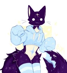  2023 :3 anthro black_body black_fur blue_clothing blue_hoodie blue_leg_warmers blue_legwear blue_topwear blush blush_lines bunonthemoon clothing domestic_cat exposed_crotch felid feline felis femboy fur hi_res hoodie leg_warmers legwear living_tail male mammal oversized_clothing oversized_hoodie oversized_topwear slim_anthro slim_male solo tail topwear unusual_anatomy unusual_tail white_body white_eyes white_fur 