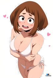  bikini blush boku_no_hero_academia breasts brown_eyes brown_hair cleavage fanbox_logo female heart highres large_breasts looking_at_viewer medium_hair motion_lines nose_blush open_mouth pixiv_logo simple_background solo sweat swimsuit trembling tsuranukko twitter_x_logo uraraka_ochako white_background white_bikini 