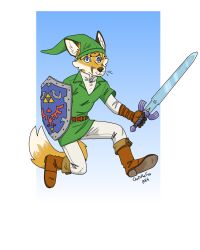  4:5 anthro bartek22 blonde_hair blue_eyes chris_the_fox_(bartek22) clothing ears_up footwear fur hair hat headgear headwear hi_res holding_melee_weapon holding_object holding_shield holding_sword holding_weapon link looking_at_viewer male melee_weapon nintendo running shield shoes solo sword tail the_legend_of_zelda weapon white_body white_fur yellow_body yellow_fur 