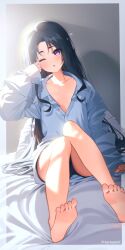  1boy :o agetapan_ll baggy_clothes bare_legs barefoot black_hair black_shorts blanket blue_pajamas blue_shirt blush border collarbone collared_shirt contemporary curly_sidelocks dorsiflexion feet full_body gradient_border grey_border hair_down highres houjou_tokiyuki_(nige_jouzu_no_wakagimi) knees_together_feet_apart knees_up legs light_particles light_rays long_hair looking_at_viewer male_focus morning multiple_boys nige_jouzu_no_wakagimi on_bed one_eye_closed outside_border oversized_clothes oversized_shirt pajamas parted_bangs partially_unbuttoned pectoral_cleavage pectorals pillow purple_eyes rubbing_eyes shadow shirt shorts sitting sleepy sleeves_past_wrists soles solo sparkle squeans sunbeam sunlight tearing_up toes twitter_username very_long_hair waking_up 