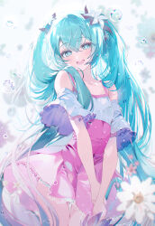  :d a20_(atsumaru) absurdres aqua_eyes aqua_hair ass_visible_through_thighs bare_shoulders blush charm_(object) closed_umbrella collarbone commentary cowboy_shot dress flower frilled_sleeves frills hair_flower hair_ornament hatsune_miku highres holding holding_umbrella lace-trimmed_dress lace_trim long_hair looking_at_viewer melt_(vocaloid) smile teeth twintails umbrella upper_teeth_only very_long_hair vocaloid water_drop white_flower wide_sleeves 