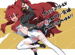  ashiharatsumori_koito bandaid bandaid_on_face blush breasts commentary_request female holding holding_sword holding_weapon katana long_sleeves looking_at_viewer midair milestone_celebration mx2j official_art open_mouth pants project_kv red_eyes red_hair second-party_source sheath sheathed small_breasts solo sword torn_clothes torn_pants weapon white_pants 