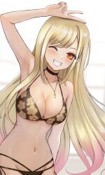  ;d arm_up armpits barbell_piercing bikini black_bikini black_choker blonde_hair bracelet breasts choker cleavage commentary cowboy_shot ear_piercing earrings female floating_hair floral_print glint grin gyaru halterneck happy highres jewelry kitagawa_marin leaning_forward long_hair medium_breasts multi-strapped_bikini_bottom necklace one_eye_closed piercing print_bikini red_eyes revision sasasa_r_23 side-tie_bikini_bottom simple_background smile solo sono_bisque_doll_wa_koi_wo_suru string_bikini swept_bangs swimsuit v v_over_head very_long_hair white_background 