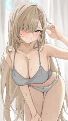  absurdres armpits asuna_(blue_archive) asymmetrical_bangs blue_archive blue_eyes blush breasts camisole cleavage collarbone commentary_request curtains female grey_camisole grey_panties hair_over_one_eye halo highres huge_breasts indoors jeon_(user_ywaw3774) leaning_forward light_brown_hair long_hair looking_at_viewer mole mole_on_breast panties ribbon-trimmed_panties smile solo straight_hair sweat thigh_gap underwear underwear_only very_long_hair 