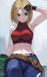  arm_up armpits bare_arms bare_shoulders belt black_gloves blonde_hair blue_eyes blue_mary blue_pants breasts closed_mouth crop_top female fingerless_gloves gloves highres looking_at_viewer loose_belt medium_breasts midriff multiple_belts navel pants red_shirt shirt short_hair sleeveless sleeveless_shirt sleeveless_turtleneck solo stomach tea_(nakenashi) the_king_of_fighters the_king_of_fighters_xv turtleneck v-shaped_eyebrows 