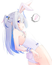  ! alternate_costume amane_kanata animal_ears blue_hair blush breasts capuchi_(111cappuccino) colored_inner_hair fake_animal_ears fake_tail female grey_hair hair_intakes halo highres hololive leotard looking_at_viewer multicolored_hair playboy_bunny purple_eyes rabbit_ears rabbit_tail small_breasts spoken_exclamation_mark star_halo strapless strapless_leotard tail virtual_youtuber white_leotard 