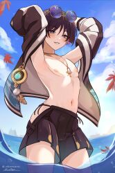  1boy absurdres akumana beach black_hair black_jacket black_male_swimwear black_shorts blush eyewear_on_head genshin_impact hair_between_eyes highres jacket long_sleeves looking_at_viewer male_focus male_swimwear navel nipples ocean purple_eyes scaramouche_(genshin_impact) short_hair shorts smile solo stomach teeth topless_male vision_(genshin_impact) 