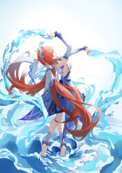  absurdres aqua_eyes arms_up backless_dress backless_outfit barefoot blue_dress commentary_request dancing detached_sleeves dress female flower from_behind full_body genshin_impact hair_flower hair_ornament head_back highres hydrokinesis long_hair long_sleeves looking_at_viewer looking_back nilou_(breeze_of_sabaa)_(genshin_impact) nilou_(genshin_impact) official_alternate_costume on_water open_mouth purple_flower red_hair shixin_canyi smile solo standing standing_on_liquid tiptoes twintails very_long_hair water 