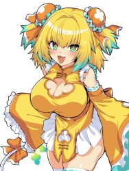  bare_shoulders blonde_hair blush bombergirl breasts china_dress chinese_clothes cleavage cleavage_cutout clothing_cutout detached_sleeves double_bun dress edobox female green_eyes green_hair hair_bun hair_intakes hair_ribbon large_breasts long_sleeves looking_at_viewer multicolored_hair oerba_yun_fang open_mouth pelvic_curtain pine_(bombergirl) ribbon short_hair skirt smile solo thighhighs thighs white_skirt wide_sleeves yellow_dress yellow_pupils 