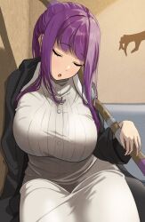  absurdres azuki_(azuki_azukki) black_coat breasts buttons closed_eyes coat dress female fern_(sousou_no_frieren) highres hood hood_down hooded_coat large_breasts long_hair open_mouth purple_hair shadow sleeping solo sousou_no_frieren white_dress 