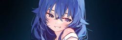  bare_shoulders blue_background blue_eyes blue_hair dot_nose female grin hair_between_eyes long_hair looking_at_viewer mushoku_tensei portrait roxy_migurdia smile solo sydus teeth twitter_banner 