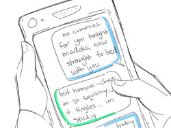  akemi_homura ange_(angeban93) cellphone commentary english_commentary english_text female flirting holding holding_phone kaname_madoka mahou_shoujo_madoka_magica partially_colored phone pov pov_hands sexually_suggestive smartphone text_messaging white_background yuri 