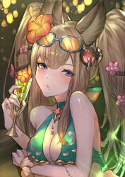  absurdres animal_ears bikini breasts cleavage erune eyewear_on_head flower glasses granblue_fantasy green_bikini hair_flower hair_ornament highres juice light_brown_hair medium_breasts metera_(granblue_fantasy) mole mole_under_mouth official_alternate_costume scrunchie suzu_(suzuame329) swimsuit twintails wrist_scrunchie 