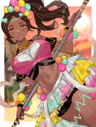  bare_shoulders breasts brown_hair camisole commentary_request cowboy_shot crop_top dark-skinned_female dark_skin eyeshadow female fire_emblem fire_emblem_engage highres jewelry long_hair looking_at_viewer makeup medium_breasts midriff miniskirt navel neck_ring pink_eyes side_ponytail skirt smile solo standing stomach thighs timerra_(fire_emblem) zqzbq 