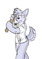  anthro ass baseball_(sport) baseball_bat baseball_uniform bat_(object) bitalie blue_eyes bottomless button_(disambiguation) canid canine canis clothed clothing countershading domestic_dog female fluffy fox_(housepets!) grey_body head_tuft hi_res holding_object holding_weapon housepets! husky looking_at_viewer mammal mtf_crossgender nordic_sled_dog partially_clothed pose rule_63 simple_background smile solo spitz sport sportswear standing tail thick_thighs tuft uniform weapon white_background 