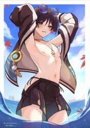  1boy absurdres akumana beach black_hair black_jacket black_male_swimwear black_shorts blush eyewear_on_head genshin_impact hair_between_eyes highres jacket long_sleeves looking_at_viewer male_focus male_swimwear navel nipples ocean purple_eyes scaramouche_(genshin_impact) short_hair shorts smile solo stomach teeth topless_male vision_(genshin_impact) 