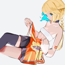  absurdres aqua_eyes arm_tattoo black_socks blonde_hair braid cevio choker colored_inner_hair dress female highres multicolored_hair nail_polish one_(cevio) orange_dress orange_nails socks spaghetti_strap strapless tattoo tube_top undressing wakutekan white_tube_top 