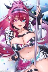  absurdres black_choker black_gloves black_skirt black_tube_top blue_eyes blush breasts checkered_clothes checkered_skirt choker cleavage clothes_writing double_halo female fingerless_gloves gloves halo heterochromia highres hololive hololive_english irys_(hololive) large_breasts long_hair looking_at_viewer official_alternate_costume open_mouth pointy_ears ponytail purple_eyes purple_skirt race_queen seraphim_throne skirt smile solo star_halo strapless tube_top virtual_youtuber 