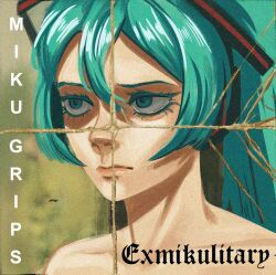  album_cover album_cover_redraw album_name aqua_eyes aqua_hair close-up closed_mouth cloudhead collarbone cover death_grips derivative_work exmilitary_(death_grips) expressionless female group_name hair_between_eyes hatsune_miku headphones long_hair looking_ahead parody partially_shaded_face sidelocks solo topless twintails vocaloid 