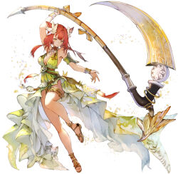  animal_ears armlet bangle bracelet breasts cat_ears cat_girl cleavage commission cosplay dress feathers female final_fantasy final_fantasy_xiv flower green_dress hair_ornament halter_dress halterneck holding holding_scythe jewelry kemomin_nosuke large_breasts leaf_hair_ornament low_twintails miqo&#039;te nophica red_hair sandals scythe skeb_commission sleeveless sleeveless_dress solo thigh_strap twintails warrior_of_light_(ff14) white_background yellow_eyes 