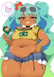  alternate_body_size aqua_eyes aqua_hair belly_grab blue_shorts blush brazilian_flag brazilian_flag_print brazilian_miku breasts clenched_teeth commentary_request cowboy_shot dark_skin exposed_pocket eyewear_on_head fat female flower hair_flower hair_ornament half-closed_eyes hatsune_miku heart highres long_hair looking_at_viewer medium_breasts navel open_mouth rectangular_earrings shiyo_hodaka shorts shorts_tan simple_background solo sunglasses tan tanline_peek tanlines tareme teeth thick_thighs thighs twintails vocaloid white_background 