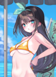  alternate_hairstyle beach beach_umbrella bikini black_hair blue_eyes blush bottomless bow_hairband breasts commentary_request embarrassed female hairband halterneck highres hololive long_hair looking_at_viewer official_alternate_costume one-piece_tan oozora_subaru oozora_subaru_(hololive_summer_2019) open_mouth orange_bikini outdoors polka_dot_hairband solo string_bikini striped_bikini striped_clothes surprised swimsuit tan tanlines tuginoneko umbrella underboob untying virtual_youtuber yellow_bikini 