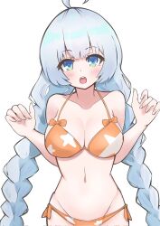  ahoge bikini blue_eyes blue_hair blush bow braid breasts character_request cleavage collarbone copyright_request corrupted_twitter_file female ginbeko highres long_hair navel open_mouth orange_bikini orange_bow solo star_(symbol) star_print stomach swimsuit twin_braids two-tone_bikini 