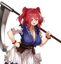  :d apron blush bracelet breasts cleavage commentary_request cowboy_shot cropped duplicate female frilled_sleeves frills hair_bobbles hair_ornament hand_on_own_chest holding holding_weapon houtengeki jewelry large_breasts leaning_forward looking_at_viewer medium_hair obi onozuka_komachi open_mouth over_shoulder pearl_bracelet pixel-perfect_duplicate red_eyes red_hair sash scythe short_sleeves sidelocks smile solo standing tareme touhou two_side_up weapon white_apron 