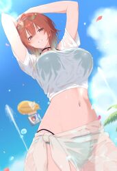  aircraft aketa_mikoto arms_up bikini black_choker blonde_hair blue_sky blush breasts brown_eyes brown_hair choker cowboy_shot day dirigible eyewear_on_head falling_petals female floral_print fountain from_below gradient_hair green_bikini highres idolmaster idolmaster_shiny_colors kirou_(kiruyuu1210) large_breasts looking_at_viewer looking_down multicolored_hair navel outdoors petals print_sarong sarong see-through shirt short_sleeves sky smile solo splashing standing sunglasses sunlight swimsuit tree wet wet_clothes wet_shirt white_shirt 