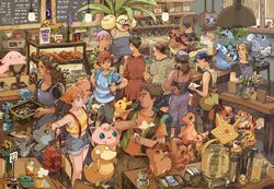  apron backpack bag banana brock_(pokemon) brown_theme bryce_kho cafe cellphone chansey character_print character_tattoo charmander coffee coffee_mug cup denim denim_shorts disposable_coffee_cup disposable_cup dratini exeggutor fire flame-tipped_tail flareon flower_pot food fruit gastly glasses gloom_(pokemon) growlithe handbag hat highres horsea indoors iphone ivysaur jar jigglypuff kadabra kasumi_(pokemon) machop magikarp magnemite mug oddish original pants phone picture_frame pidgeotto pikachu poke_ball pokemon pokemon_(anime) pokemon_(creature) pokemon_sm_(anime) poliwhirl psyduck satoshi_(pokemon) seadra shirt shorts sign slowbro smartphone spearow spoon star_(symbol) steam stool striped_clothes striped_shirt suspenders table tattoo venusaur vest vileplume vulpix weedle weepinbell 