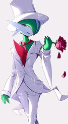  3_fingers anthro button_(fastener) chest_horn chest_spike clothing elegant eye_reflection falling_petals fingers flower flowing_clothing gallade generation_4_pokemon glistening glistening_eyes green_body hat head_crest headgear headwear hi_res holding_flower holding_object looking_at_viewer lury_sgh male necktie nintendo one_eye_visible open_mouth petals plant pokemon pokemon_(species) red_clothing red_eyes red_necktie reflection rose_(flower) rose_petals shadow simple_background sir_gallade solo sparkles sparkling_clothing spikes spikes_(anatomy) suit thorns tongue top_hat white_body white_clothing white_hat white_headwear white_suit wrinkles_in_clothes 