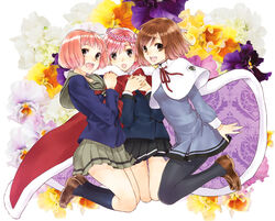  3girls :d :o arms_at_sides bad_id bad_pixiv_id black_legwear black_skirt blazer bob_cut bow bowtie breasts brown_eyes brown_footwear cape capelet collared_shirt dress dress_shirt floral_background flower_wreath full_body grey_dress habataki_academy_school_uniform hands_up hanegasaki_academy_school_uniform head_wreath jacket kneehighs kneeling loafers long_sleeves looking_at_viewer miniskirt multiple_girls neck_ribbon neckerchief own_hands_together pan_chira pantyhose pink_hair pleated_skirt protagonist_(tokimemo_gs) protagonist_(tokimemo_gs2) protagonist_(tokimemo_gs3) red_bow red_bowtie red_cape red_hair red_neckerchief ribbon royal_robe school_uniform serafuku shirt shoes short_dress short_hair skirt smile socks surprised swept_bangs tokimeki_memorial tokimeki_memorial_girl&#039;s_side tokimeki_memorial_girl&#039;s_side_2nd_kiss tokimeki_memorial_girl&#039;s_side_3rd_story w_arms white_background white_shirt 