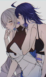  2girls ahoge antenna_hair bare_shoulders biting_earring blue_eyes blue_hair blush breasts bronya_rand collarbone couple crossed_bangs earrings eyeliner finger_in_another&#039;s_mouth grey_eyes grey_hair hand_on_another&#039;s_neck highres honkai:_star_rail honkai_(series) jewelry large_breasts long_hair looking_at_another makeup multiple_girls neck_grab red_eyeliner saliva seele_(honkai:_star_rail) sieka_(piiroinardesco) simple_background upper_body white_background yuri 