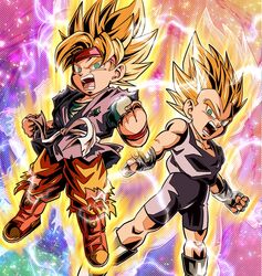  2boys aura bandana blonde_hair blue_eyes clenched_hands commentary dragon_ball dragon_ball_gt electricity energy fingerless_gloves floating full_body gloves glowing highres looking_at_viewer male_focus multiple_boys open_mouth red_bandana screaming son_goku_jr. spiked_hair super_saiyan teeth torn_clothes ushi_(akabec0) vegeta_jr. wristband 