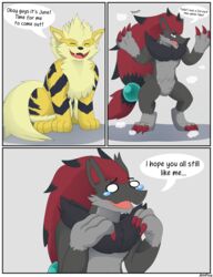  absurd_res alsoflick anthro arcanine border coming_out english_text feral generation_1_pokemon generation_5_pokemon hi_res illusion instant_transformation meme nintendo pokemon pokemon_(species) poof poof_transformation species_transformation text transformation white_border zoroark 