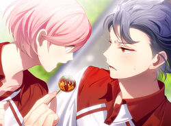  1boy blurry blurry_background blush bob_cut day durarara!! eye_contact female food grey_hair gym_uniform habataki_academy_school_uniform holding holding_food looking_at_another open_mouth pink_hair portrait profile protagonist_(tokimemo_gs3) school_uniform shitara_seiji short_hair sparkle steam sweatdrop takoyaki tenryou_sena tokimeki_memorial tokimeki_memorial_girl&#039;s_side_3rd_story 